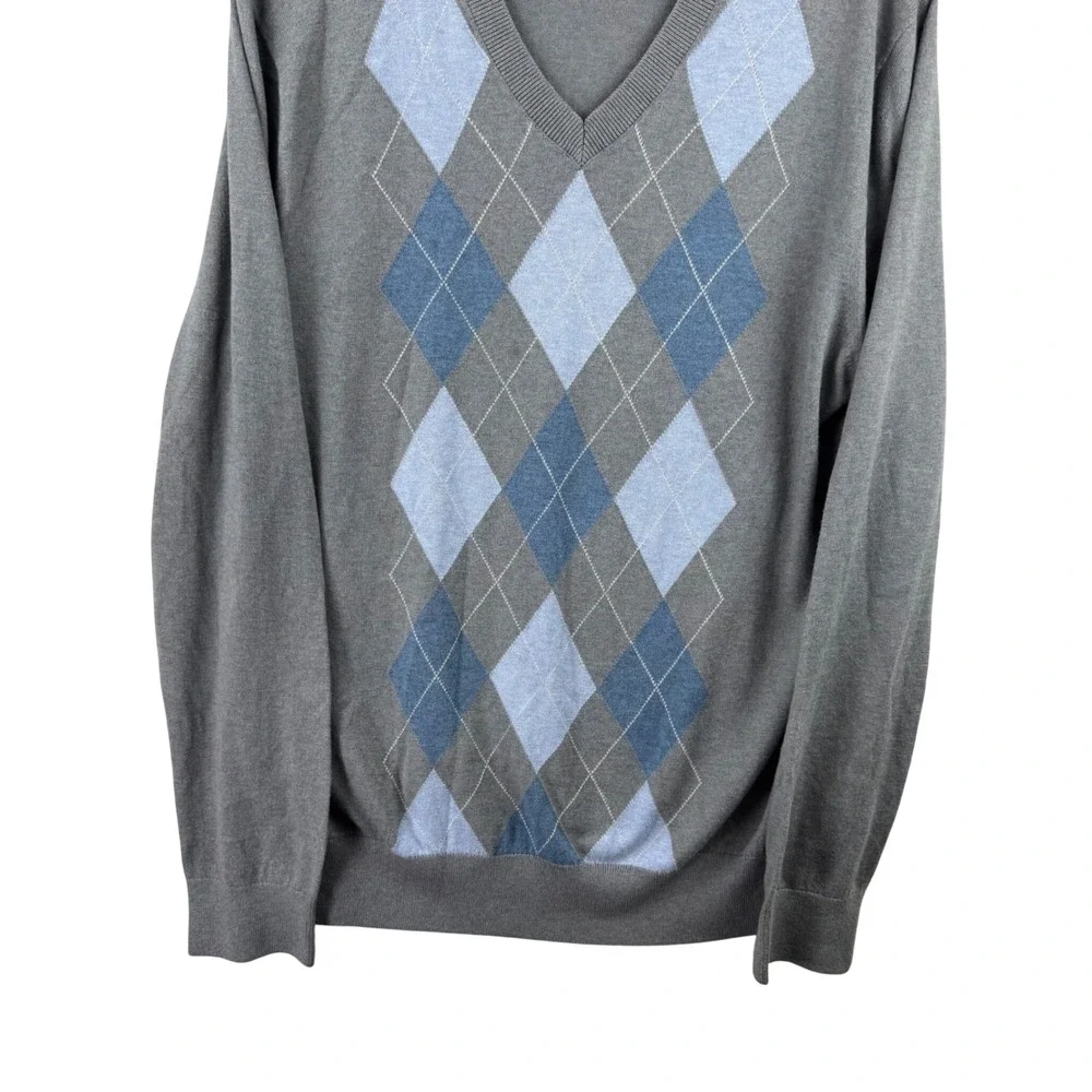 Banana Republic Argyle Sweater Mens Large Grey Blue Silk Cashmere V-Neck Preppy